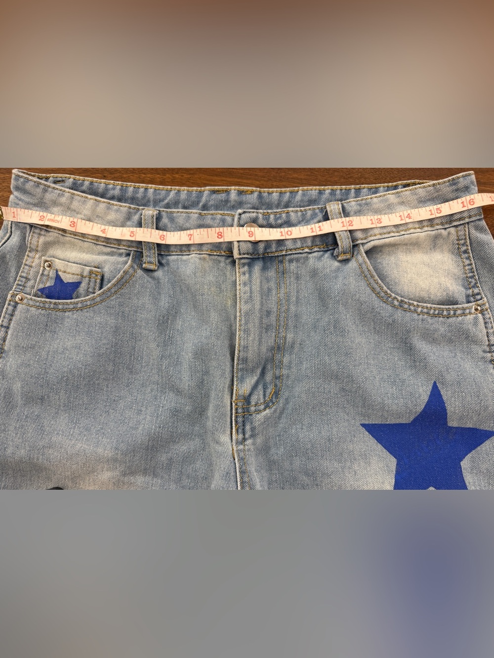 Boutique Light Wash Blue Printed Star Barrel Jeans Rounded Leg High Rise Sz M /L - Picture 12 of 14